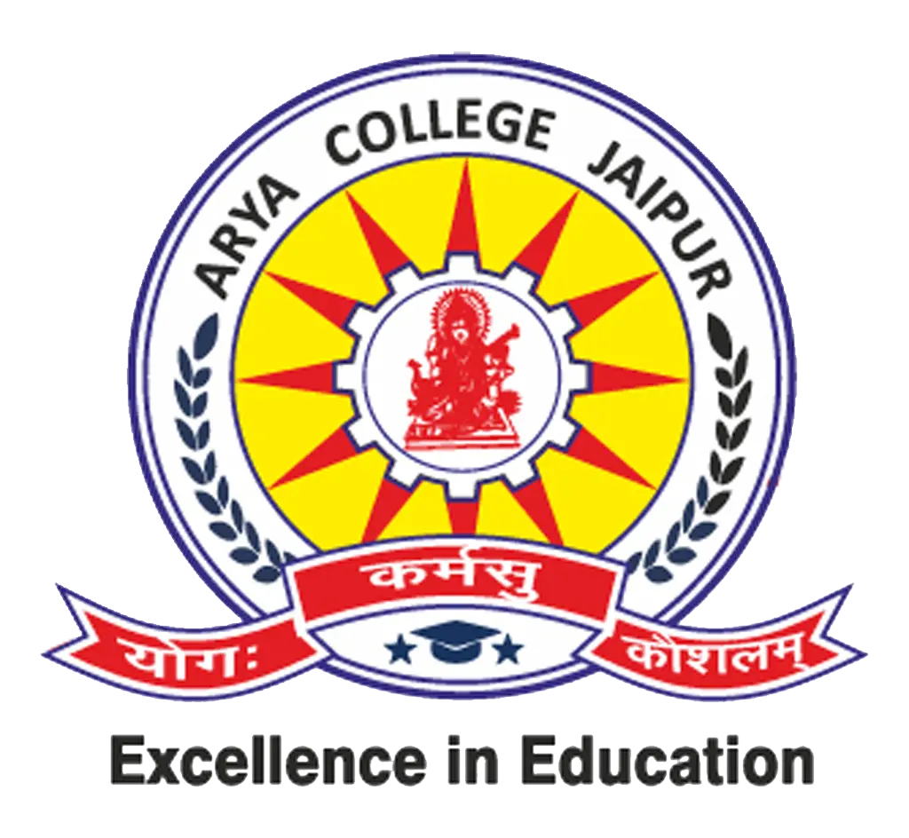 Logo of Arya College Jaipur with a yellow sun in a gear, red banner, and the motto 'Excellence in Education'.